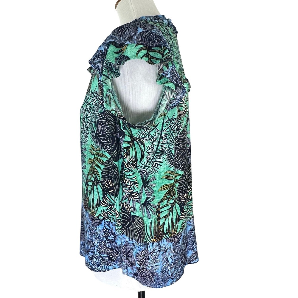 Democracy Tropical Palm Print Smocked Cap Sleeve Top Boho Green Blue Women's M - Picture 6 of 9